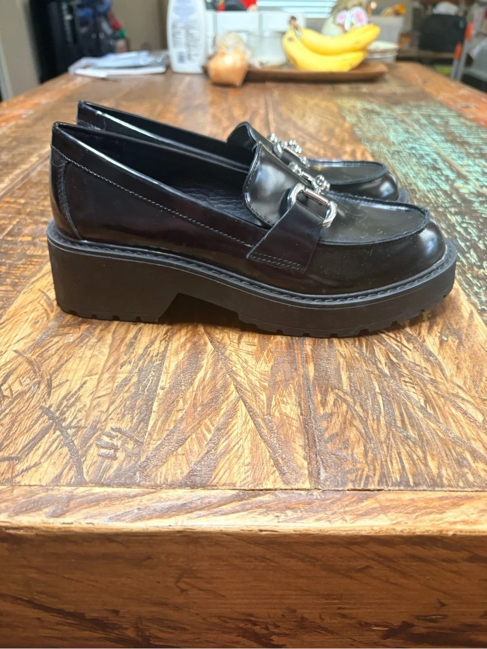 Madden Girl Carter Black Chunky Loafers Platforms with Silver Bit Detail Size 8